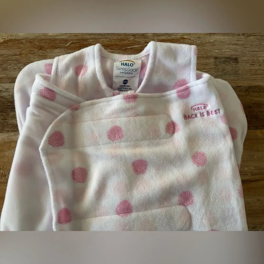 Halo SleepSack Swaddle in Microfleece, White with‎ Pink Dots, Size Newborn 0-3M
